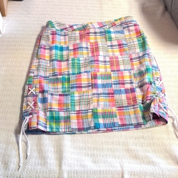 Talbots Colorful Plaid Patchwork Sz. 6 Skirt With Tied Side Cut-outs & Pockets - Picture 1 of 7